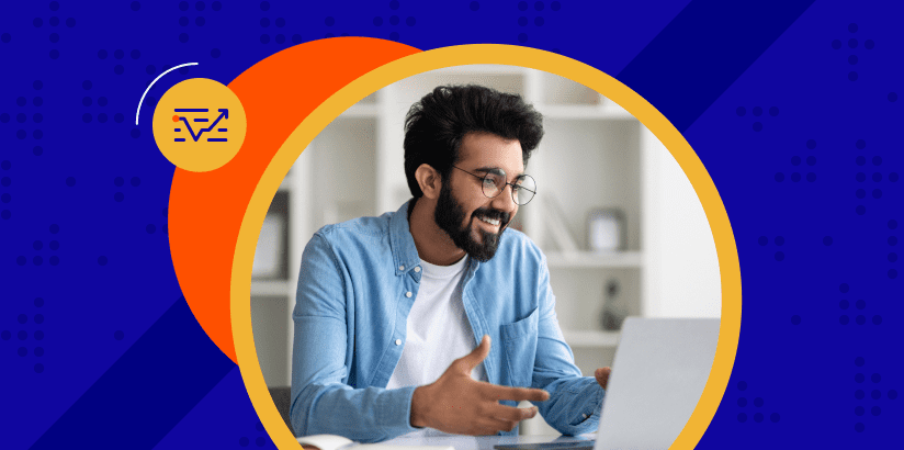 man looking at laptop with a yellow circle and blue background