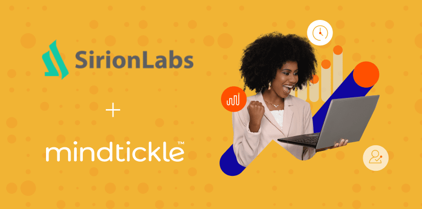 Woman looking at laptop with Sirion Labs and MIndtickle logos on a yellow background