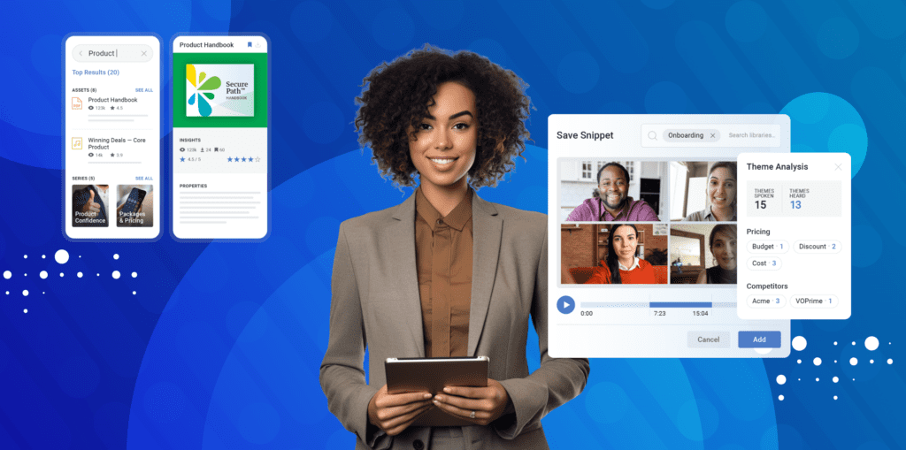 woman wearing a suit,holding a tablet with a blue background and sales content analytics