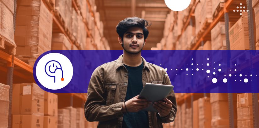 man with tablet in a consumer packaged goods background