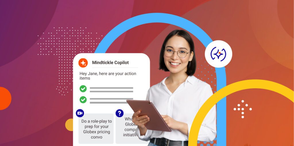 woman looking at a tablet surrounded by MIndtickle AI Copilot screenshots